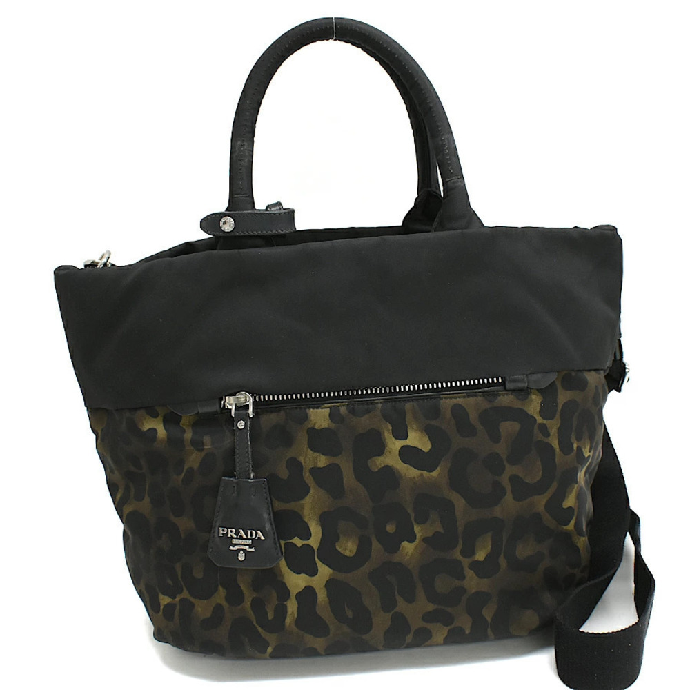 Prada Reversible Tote Bag TESSUTO DOUBLE Black Leopard Triangle Plate